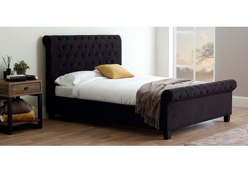 6ft Super King Size Sleigh style Orb, button back headend, black velvet fabric finish bed frame 1